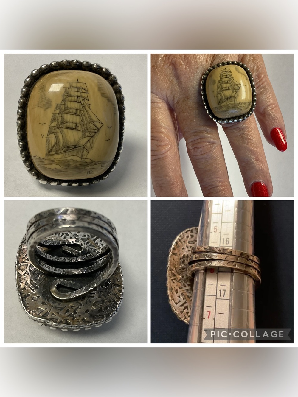 Alaskan Silver & Ivory Scrimshaw Tall Ship Ring Rare Vtg
